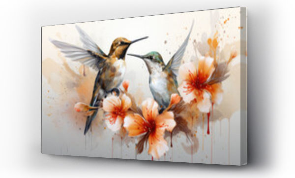Wizualizacja Obrazu : #667296766 sztuka komputerowa w postaci obrazu, ukazuj?ca dwa lataj?ce kolorowe kolibry przy ga??ziach kwitn?cych drzew