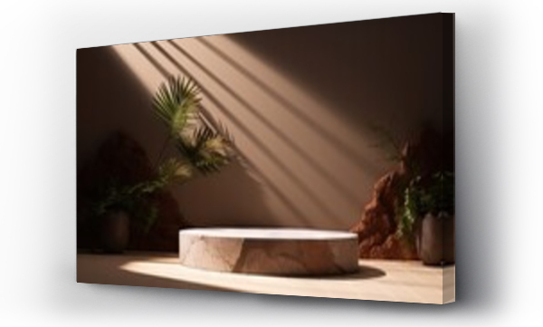 Wizualizacja Obrazu : #667495697 Luxury granite podium for displaying beauty and spa cosmetics against a brown wall with plant shadow Neutral and natural aesthetic interior for product placement