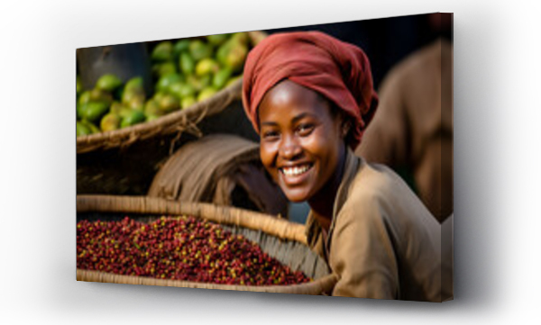 Wizualizacja Obrazu : #667680432 Young coffee picker smiling in background with basket of coffee beans.