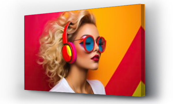 Wizualizacja Obrazu : #667693220 Pop art retro style pretty blonde young woman wearing headphones and on vibrant colorful background
