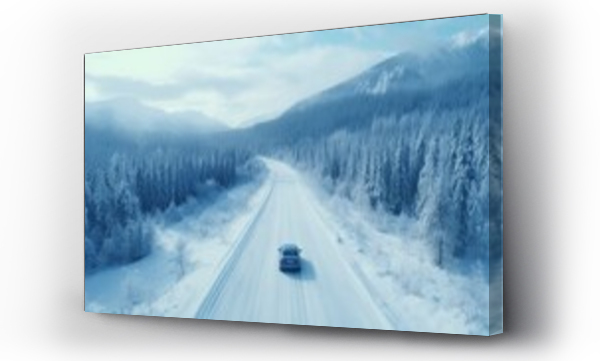 Wizualizacja Obrazu : #667701301 Concept of auto travel during winter holiday season. One blue car is driving on snow along mountain road near forest. Aerial view. Road trip journey. Generative AI. Drone landscape.