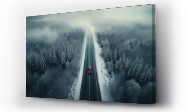 Wizualizacja Obrazu : #667701560 Concept of auto travel during winter holiday season. One red car is driving on snow along mountain road near forest. Aerial view. Road trip journey. Generative AI. Drone landscape.