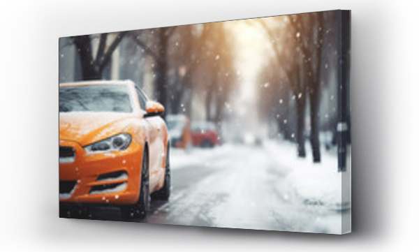 Wizualizacja Obrazu : #667712651 The car is on a winter road with falling snow