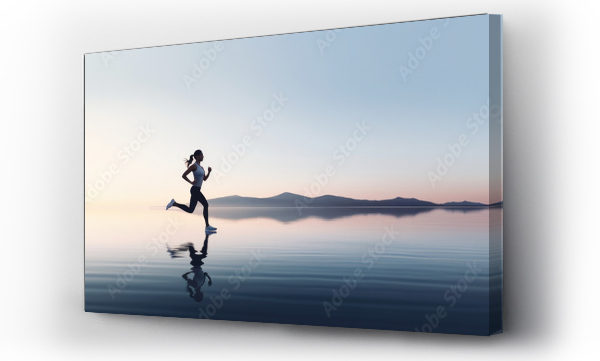 Wizualizacja Obrazu : #667745732 young woman running in a serene and minimalist landscape, panorama sport banner, pro training in nature for a marathon, motivation concept wallpaper, soft sky