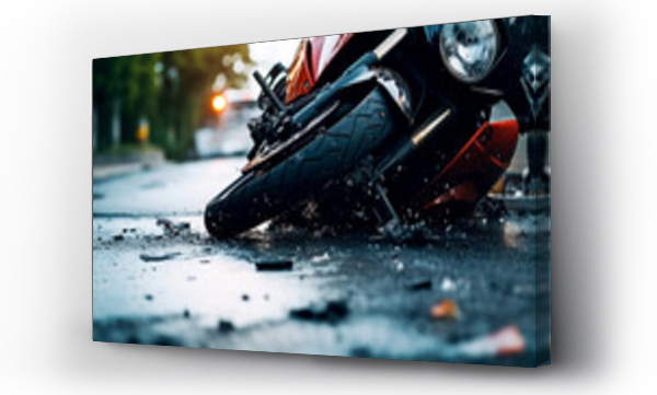 Wizualizacja Obrazu : #667763472 The motorcycle lies on the sidewalk after a road trip. Severe accident. Accident, close-up. AI Generated