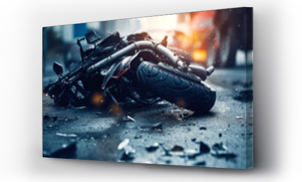 Wizualizacja Obrazu : #667767824 The motorcycle lies on the sidewalk after a road trip. Severe accident. Accident, close-up. AI Generated