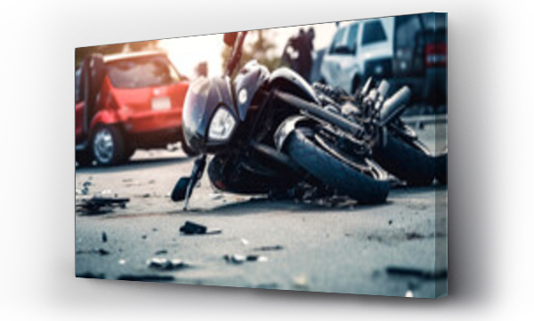 Wizualizacja Obrazu : #667768841 The motorcycle lies on the sidewalk after a road trip. Severe accident. Accident, close-up. AI Generated