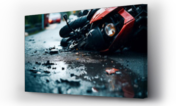 Wizualizacja Obrazu : #667770691 The motorcycle lies on the sidewalk after a road trip. Severe accident. Accident, close-up. AI Generated