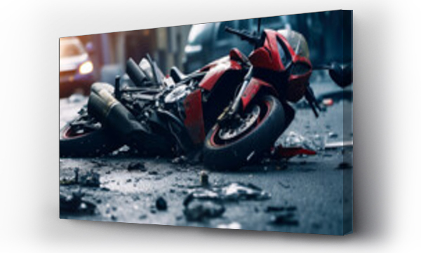 Wizualizacja Obrazu : #667770807 The motorcycle lies on the sidewalk after a road trip. Severe accident. Accident, close-up. AI Generated