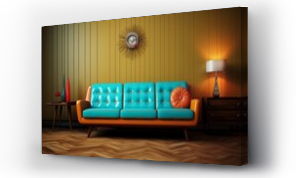 Wizualizacja Obrazu : #667856846 Vintage interior of living room with couch, armchair, clock and tv on stand.  retro lounge with television screen, carpet, lamp and picture frames on colorful wall