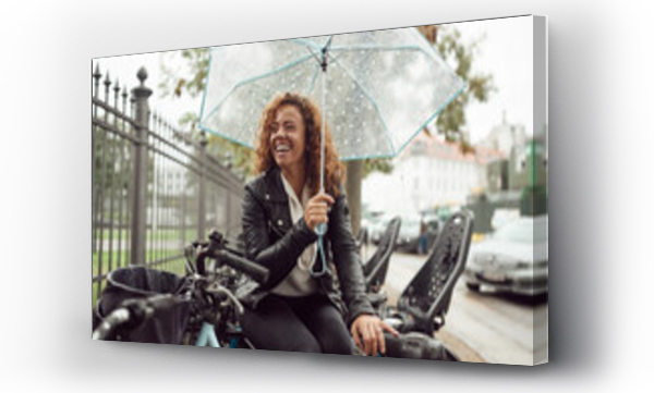 Wizualizacja Obrazu : #668075346 Laughing young woman sitting on her bicycle in the rain