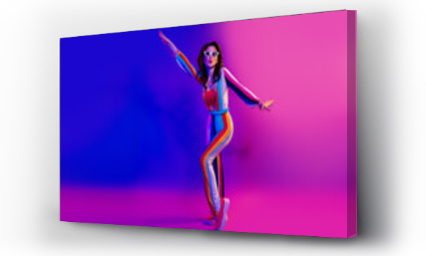 Wizualizacja Obrazu : #668129971 Full body portrait of carefree lovely lady wear striped costume dancing clubbing isolated on bright neon background