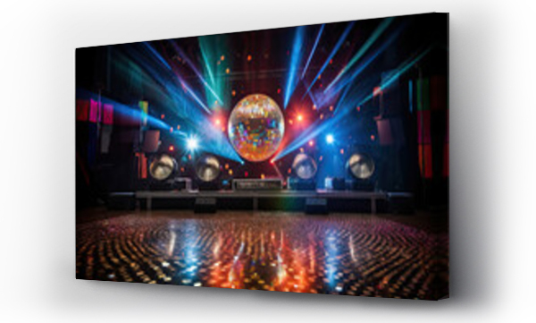 Wizualizacja Obrazu : #668179446 A concert stage of the disco era. A shimmering disco ball.