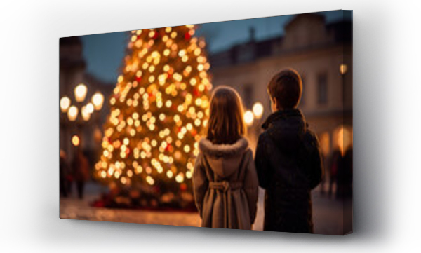 Wizualizacja Obrazu : #668282805 A boy and a girl are standing in front of a big Christmas tree in the city square