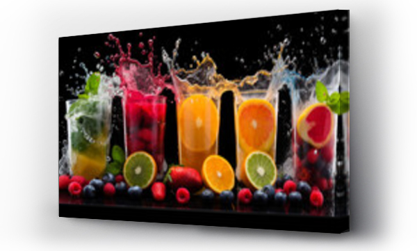 Wizualizacja Obrazu : #668545338 Set of colorful cocktails with splashes and drops on a black background. Cocktails collection. Variety of fresh fruit juices in glasses on a black background. Mixed fruits. Fruit smoothies in glasses