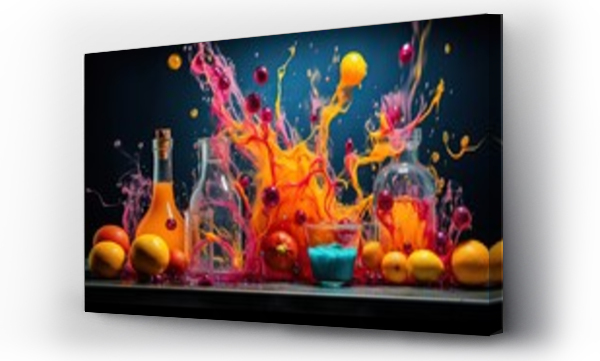 Wizualizacja Obrazu : #668769843 Explosion of colorful liquids among fruits and glass containers on a dark background. Abstract background and wallpaper.