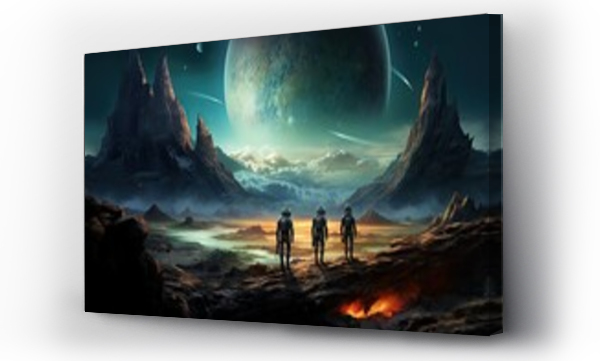 Wizualizacja Obrazu : #668880067 Fantasy alien planet, 3D illustration of astronauts, standing on the surface of an alien planet, Landscape of an amazing alien unknown planet in far space, Space exploration