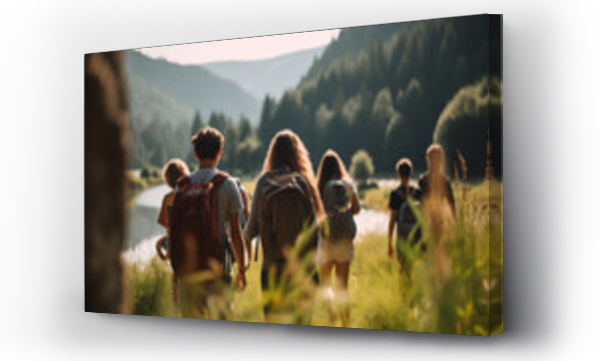 Wizualizacja Obrazu : #668890139 a group of unrecognizable teenagers walking together in nature at a summer camp