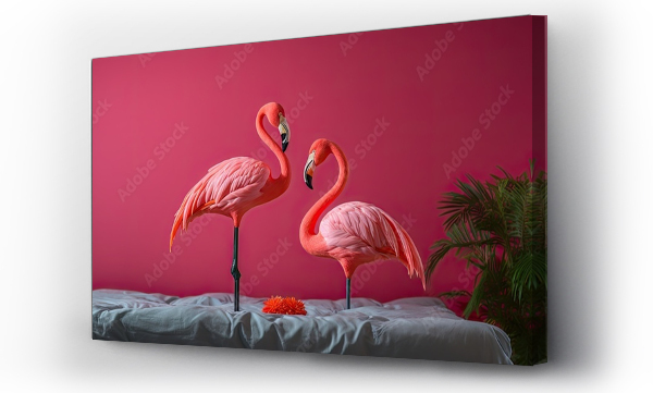 Wizualizacja Obrazu : #668896084 Fake flamingo near the fence on a bed
