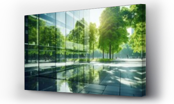 Wizualizacja Obrazu : #668997604 Striking Double Exposure: Corporate Glass Building Embracing Sustainability ? ESG Concept with Green Reflections, Business Partner Success, and Trust