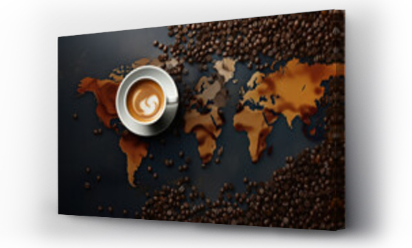 Wizualizacja Obrazu : #669019349 World map made of roasted coffee beans with coffee cup, top view