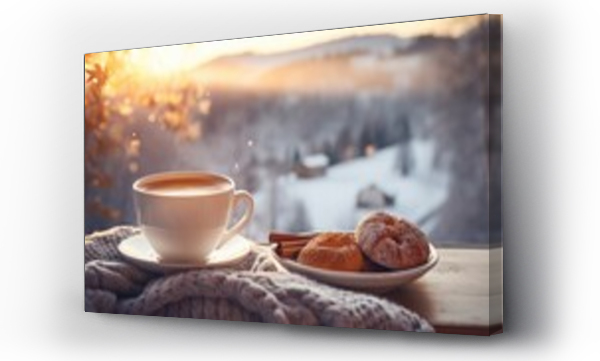 Wizualizacja Obrazu : #669237913 Winter country morning with cup of coffee tea food buns wallpaper background