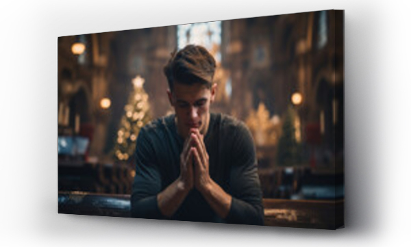 Wizualizacja Obrazu : #669248614 Male praying inside of christian church, concept of religion faith and christianity