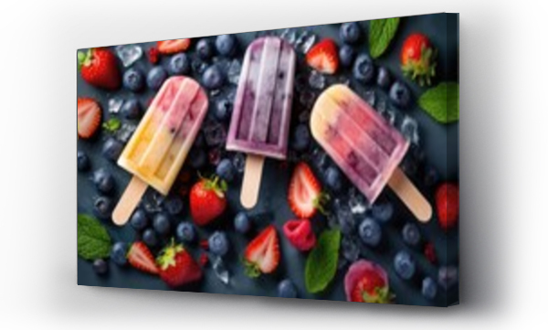 Wizualizacja Obrazu : #669256931 Sweet delicious ice cream popsicle bars frozen with fruit and berries with yogurt on stick