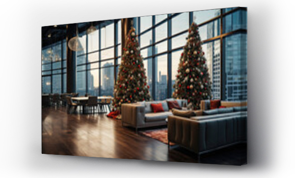 Wizualizacja Obrazu : #669371571 a living room with christmas trees and couches in front of large windows looking out onto the cityscape