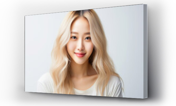 Wizualizacja Obrazu : #669388295 Beautiful blonde asian female model with perfect clean skin smiling in the camera on clean white background in the studio