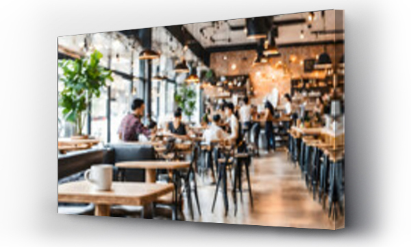 Wizualizacja Obrazu : #669395510 Bright Blur coffee shop with people in walking in blurred motion in coffee shop space