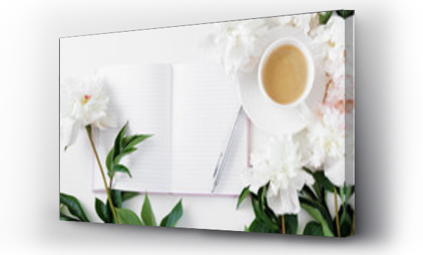 Wizualizacja Obrazu : #669415022 Top view of morning coffee cup, diary and white peonies flowers on white table