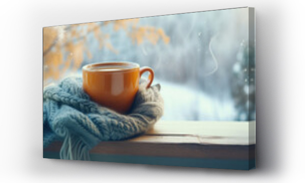 Wizualizacja Obrazu : #669452220 Cup of coffee and knitted sweater on the window age with winter scene outside