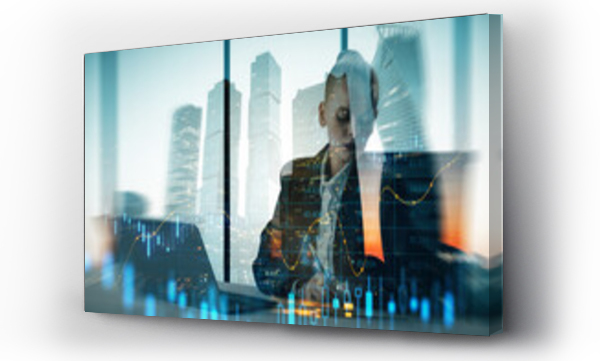 Wizualizacja Obrazu : #669633781 Attractive young european businesswoman silhouette sitting at desk with laptop on blurry city background with forex chart. Success, finance, workplace, ceo and future concept. Double exposure.