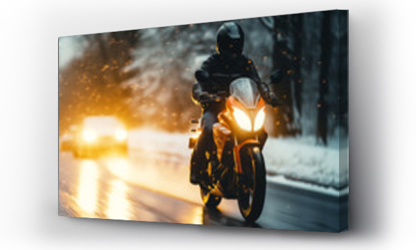 Wizualizacja Obrazu : #669680755 Motorcyclist rides on a motorbike on the snowy road in winter