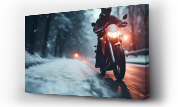 Wizualizacja Obrazu : #669683675 Motorcyclist rides on a motorbike on the snowy road in winter