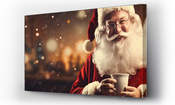 Wizualizacja Obrazu : #669860632 Catch Santa Claus enjoying a hot cup of coffee in a bokeh panorama. With a strong facial expression, this night photography shot on Cinestill 50D film features a captivating moment on a shaped canvas.