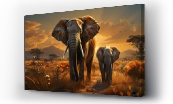 Wizualizacja Obrazu : #669915688 African elephant family in front of the stunning savanna sky at sunset