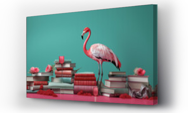 Wizualizacja Obrazu : #670005489 Flamingo and books on a blue background. 3d rendering. pink flamingo and books on a dark blue background, vintage style. zoo character