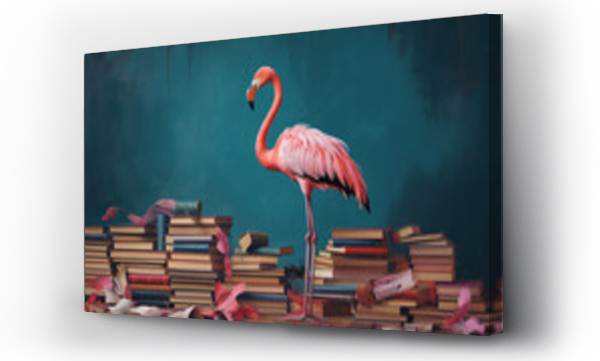 Wizualizacja Obrazu : #670007601 Flamingo and books on a blue background. 3d rendering. pink flamingo and books on a dark blue background, vintage style. zoo character