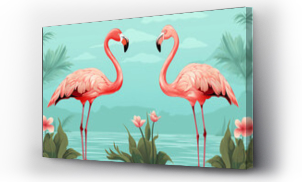 Wizualizacja Obrazu : #670029362 AI Illustration of tropical wallpaper design with exotic leaves, flamingos and flowers. Hummingbird. Paper texture background. Seamless texture.