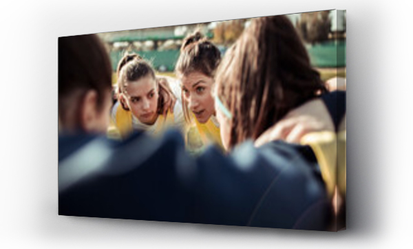 Wizualizacja Obrazu : #670169308 Intense huddle of female football players strategizing on the field