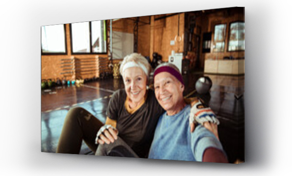 Wizualizacja Obrazu : #670169392 Happy elderly female duo taking a selfie at the gym