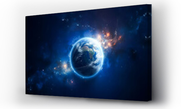 Wizualizacja Obrazu : #670262438 Planet Earth is completely floating on a black background of outer space with galaxies and stars in the background. Space wallpaper roster