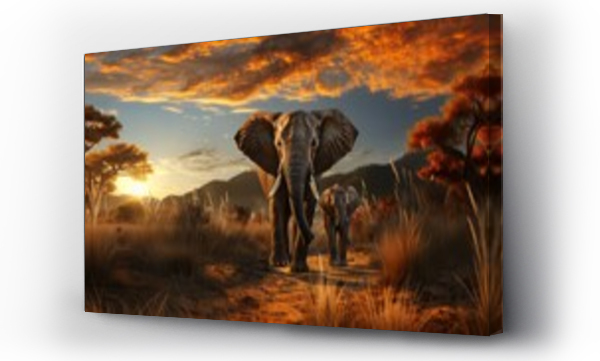 Wizualizacja Obrazu : #670395013 African elephant family in front of the stunning savanna sky at sunset