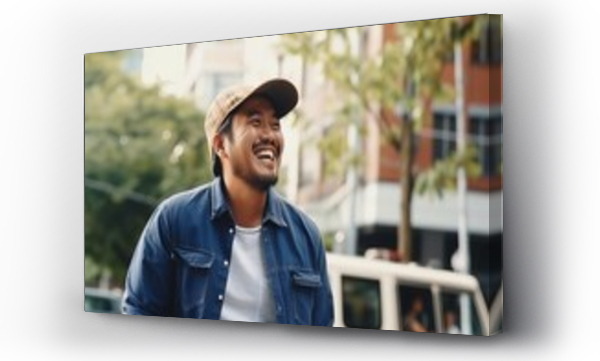 Wizualizacja Obrazu : #670462782 Portrait of a smiling asian man in a cap standing outdoors