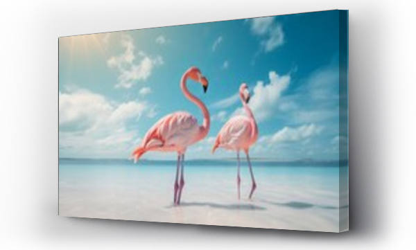 Wizualizacja Obrazu : #670504433 Vintage and retro collage photo of flamingos standing in clear blue ocean with sunny sky summer season with cloud