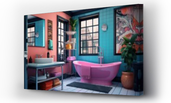 Wizualizacja Obrazu : #670597798 A pop art bathroom with a bright bathtub, walls and retro-style furniture. 