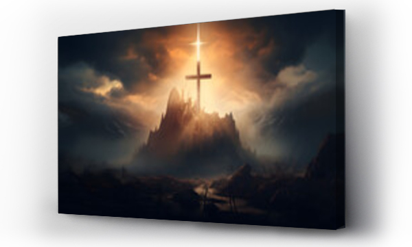 Wizualizacja Obrazu : #670676641 Holy cross symbolizing the death and resurrection of Jesus Christ with the sky over Golgotha Hill is shrouded in light and clouds.