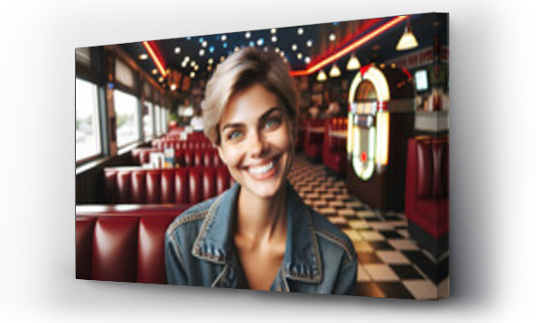 Wizualizacja Obrazu : #670713487 A photograph of a cheerful Caucasian woman, with short blonde hair and green eyes, emanating joy in a retro-style restaurant